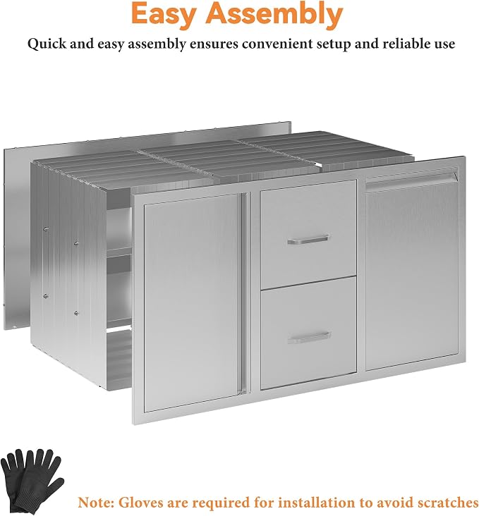 Jocisland 41.5" W×20" D×23" H Stainless Steel Outdoor Kitchen Drawers, Double Drawers with Trash Drawer & Door, 3-Tier Cabinet, Built-in BBQ Island Storage for Outdoor Kitchens