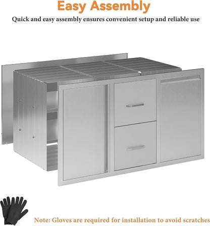 Jocisland 41.5" W×20" D×23" H Stainless Steel Outdoor Kitchen Drawers, Double Drawers with Trash Drawer & Door, 3-Tier Cabinet, Built-in BBQ Island Storage for Outdoor Kitchens