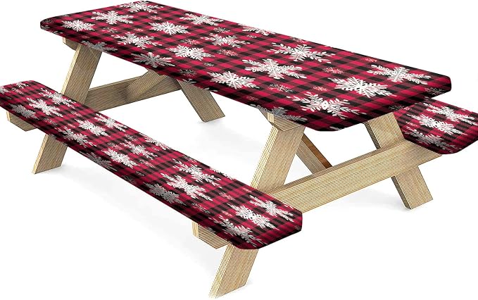 Christmas Picnic Table Cover with Bench Covers, Snowflakes On Buffalo Plaid Background Print Fitted Tablecloth and Seats Cover, 3 Pieces Set, for Travel Spring Picnics Parties Outdoor Use, Black Red