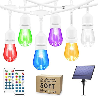 Larkvue 50FT RGB Solar Outdoor String Lights with Remote, Dimmable Waterproof Patio Lights with 15 LED Bulbs for Deck Balcony Cafe Party-White Cord