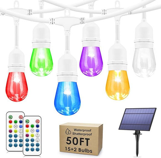 Larkvue 50FT RGB Solar Outdoor String Lights with Remote, Dimmable Waterproof Patio Lights with 15 LED Bulbs for Deck Balcony Cafe Party-White Cord