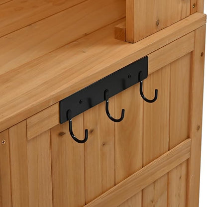 Merax 45.3" Large Outdoor Fir Wood Potting Bench with Storage, Multi-Functional Patio Kitchen Island, 6-Shelf Hutch+2 Cabinets+2 Drawers+3 Hooks, Garden Workstation for Planting, Gardening, Natural