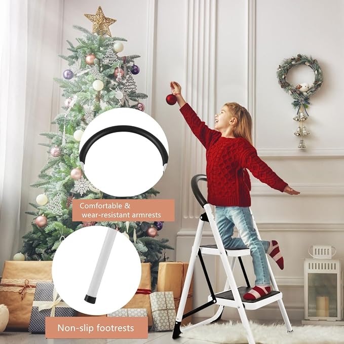 COSTWAY 2 Step Ladder, Folding Step Stool w/Wide Anti-Slip Pedal & Cushioned Handle, Multiuse Lightweight Portable Stepladder 330 lbs Capacity, Stool Ladder for Home Kitchen Office