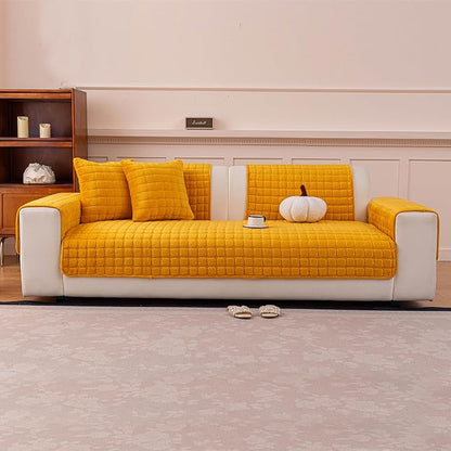 Velvet Couch Cover, Plush Sectional Sofa Cover Washable, Anti Slip Sofa Slipcover for Armrest & Backrest, Furniture Protector Covers for Pets & Kids(1PC,Mustard Yellow,28"×28")