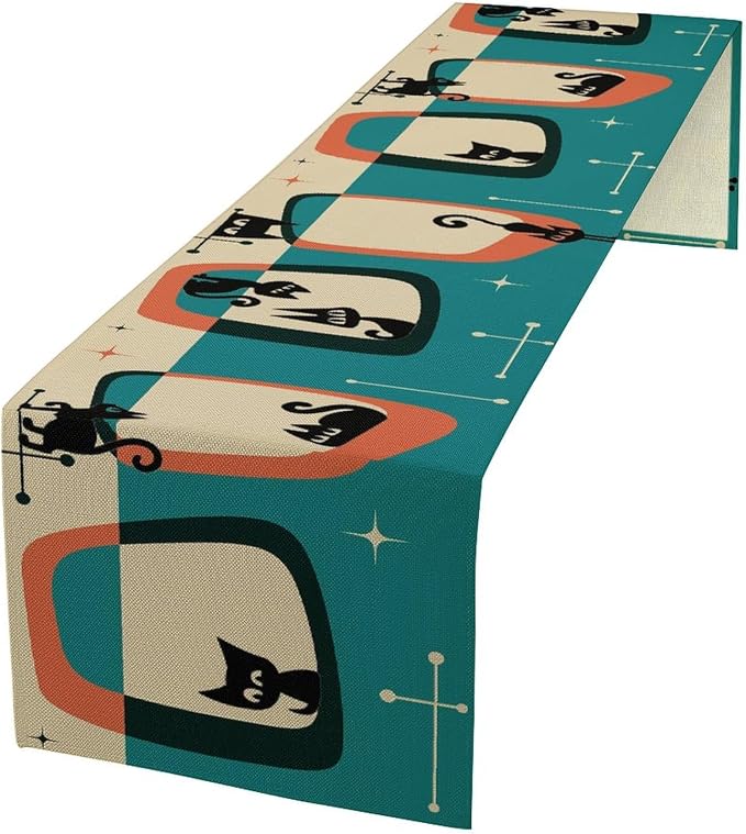 Mid Century Style Table Runner,Black Cat Modern Abstract Geometric Vintage Colorful Shape Pattern for Kitchen Coffee/Tea Table Dinner Room 13x120in