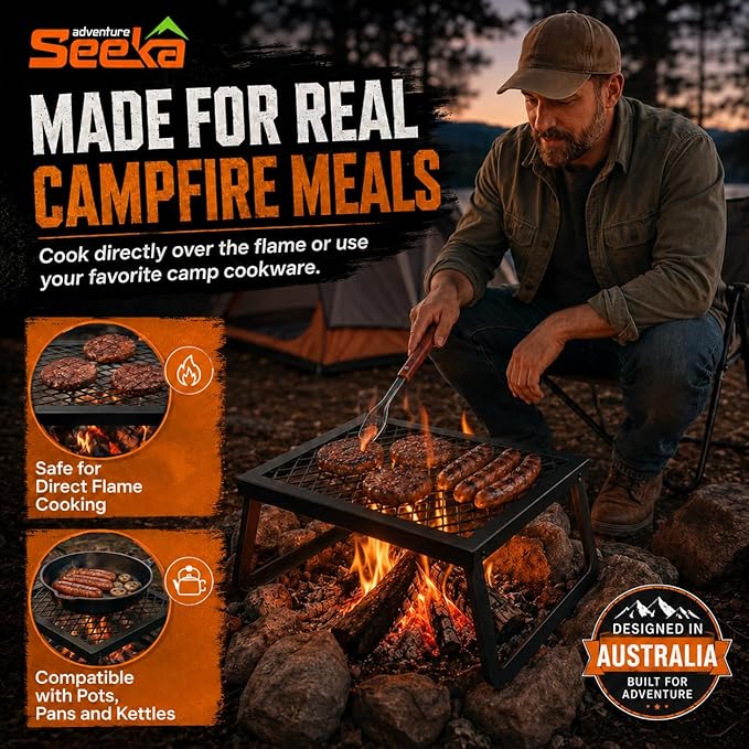Adventure Seeka Folding Campfire Grill – Portable Over-Fire Grill with Food-Safe Coating, Heavy Duty Steel, Compact with Folding Legs - Camping, RV, Overlanding, Fire Pits