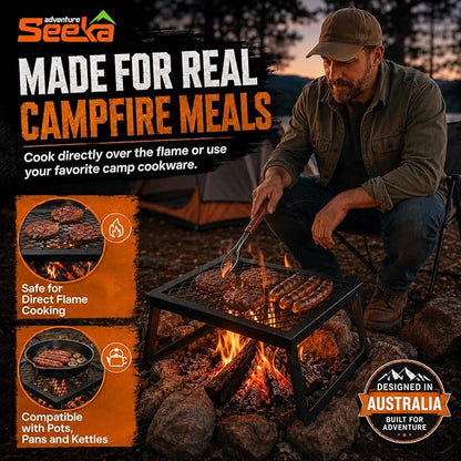 Adventure Seeka Folding Campfire Grill – Portable Over-Fire Grill with Food-Safe Coating, Heavy Duty Steel, Compact with Folding Legs - Camping, RV, Overlanding, Fire Pits