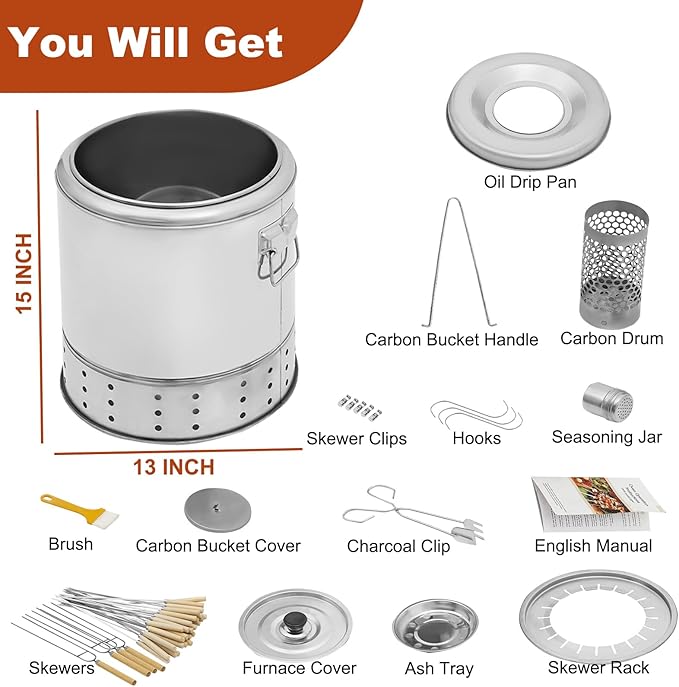 Smokeless Barbecue Surround Charcoal Grill, Stainless Steel Hanging Grill, Portable Smokeless Barrel Shape Grill with 20 Skewers, 13in(D) × 15in(H)