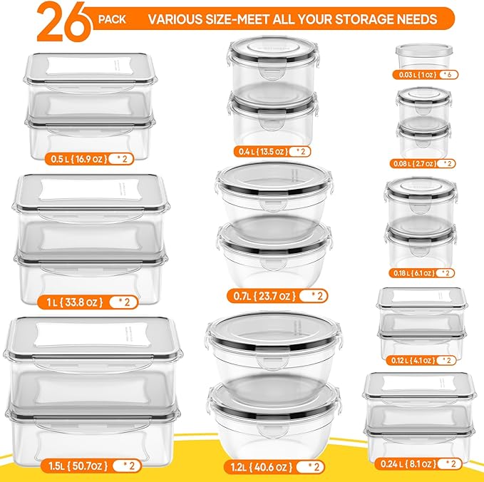 52 PCS Food Storage Containers with Lids Airtight (26 Lids & 26 Containers) | Reusable Plastic Leakproof Meal-Prep Container for Kitchen Storage Organization Microwave/Dishwasher Safe with Labels & Pen