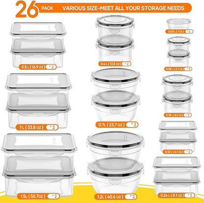 52 PCS Food Storage Containers with Lids Airtight (26 Lids & 26 Containers) | Reusable Plastic Leakproof Meal-Prep Container for Kitchen Storage Organization Microwave/Dishwasher Safe with Labels & Pen