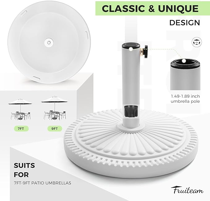 FRUITEAM 33-lbs Round Patio Umbrella Base Pre-Filled Umbrella Stand 17.7" Sun-Flower-Pattern Heavy Duty Market Umbrella Base Stand for Patio, Outdoor, Swimming Pool, White