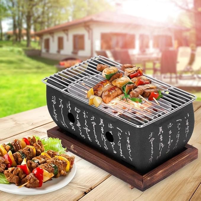 Barbecue grill, tabletop charcoal grill, tabletop seven-wheel grill, Japanese aluminum grill, metal grid, aluminum alloy die-casting, removable charcoal grill, outdoor cooking, disaster prevention,