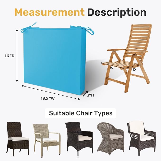 UNIKOME Outdoor Chair Cushions Pack of 4, Water Resistant Patio Cushions with Ties, High Density Sponge Filling Square Corner Seat Cushions for Outdoor Furniture, 18.5"*16"*3", Turquoise