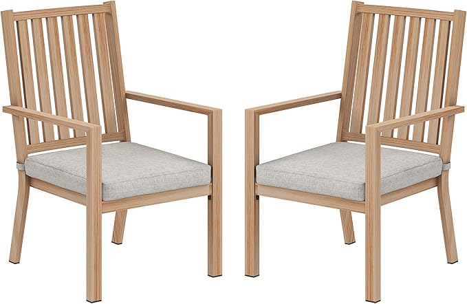 FansaFurn Patio Dining Chairs Set of 2, Aluminum Outdoor Patio Chairs with Waterproof Cushions, Metal Outdoor Patio Furniture Set for Porch, Balcony, Deck, Backyard, Light Wood Color