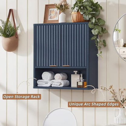 LEYAOYAO Fluted Bathroom Wall Cabinet, Wall-Mounted Medicine Cabinet with Adjustable Shelf & Doors, Farmhouse Floating Over the Toilet Storage Cabinets for Laundry Room, Kitchen, Living Room (Blue)