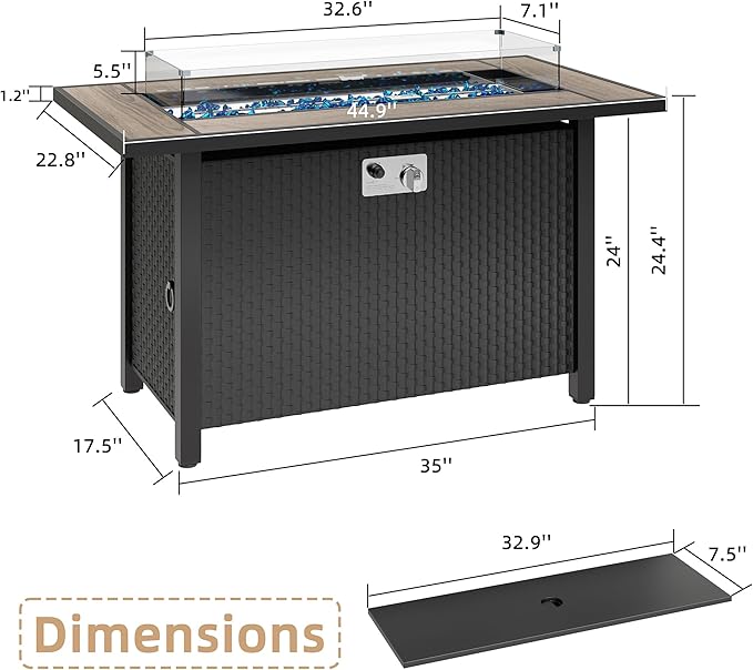 45 Inch Propane Fire Pit Table, 50,000 BTU Outdoor Gas Fire Pit for Patio & Backyard, 2-in-1 Firepit Dining Table with Glass Wind Guard, Blue Glass Rocks & Waterproof Cover, Walnut