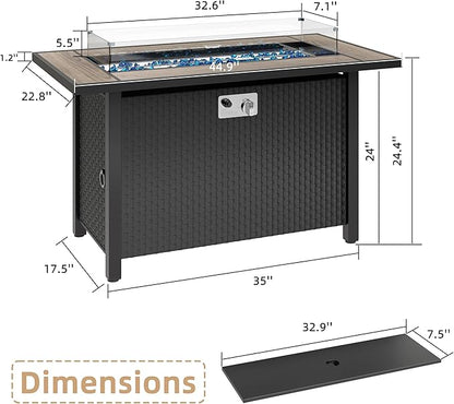 45 Inch Propane Fire Pit Table, 50,000 BTU Outdoor Gas Fire Pit for Patio & Backyard, 2-in-1 Firepit Dining Table with Glass Wind Guard, Blue Glass Rocks & Waterproof Cover, Walnut