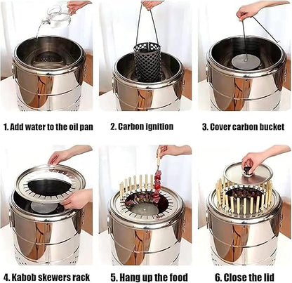 Charcoal BBQ Hanging Stove,Stainless Steel BBQ Grill Mesh Barrel with Kabob Skewers, Rolling Grilling Basket, Camping Barbecue Rack for Vegetables and Meat Carbon barbecue,20 strings