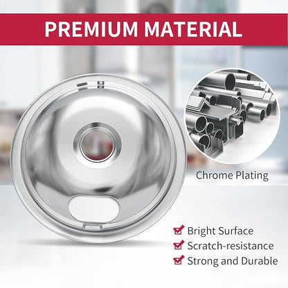 COZZIVITAW10196405 W10196406 Stove Burner Drip Pans for Electric Stove Top-Compatible with Whirlpool Electric Range-Thickening to Prevent Bent-Set of 4 Chrome Drip Pans, Silver