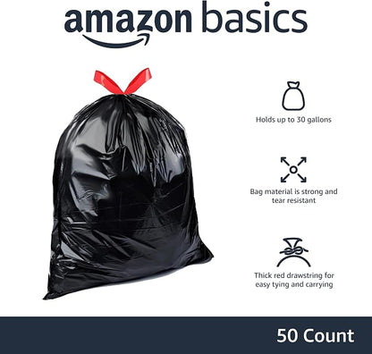 Amazon Basics Trash Bags, 30 Gallon, 50 Count | Drawstring | Multipurpose | Pack of 2