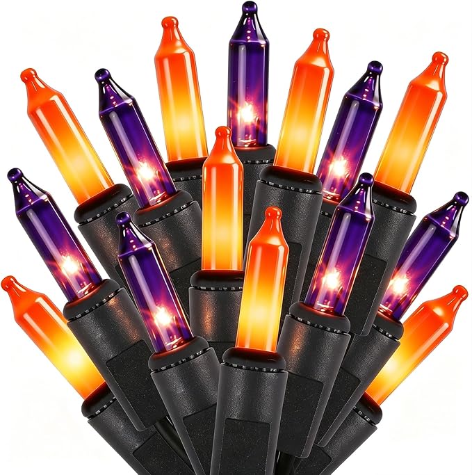 LJLNION Halloween Lights, 29ft 150 Count Black Wire Fairy Mini Lights, 120V UL Certified Incandescent Light String, Connectable for Garden Patio Holiday Party Outdoor Decor, Orange & Purple
