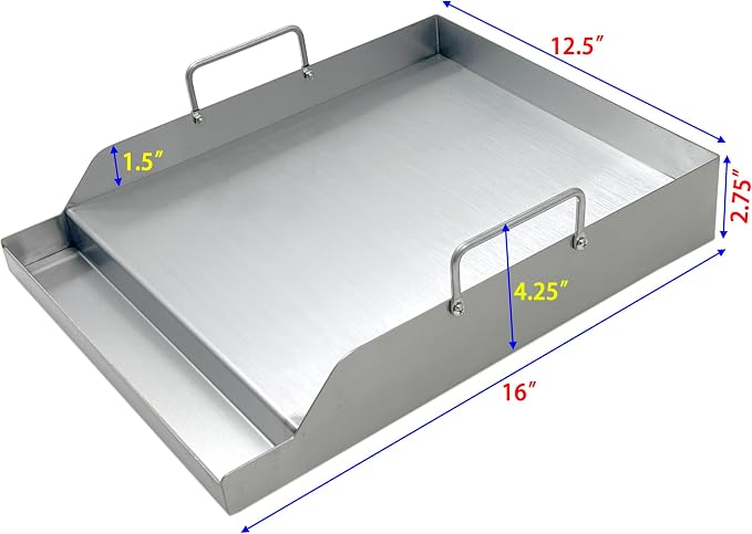 Parts DS125 Stainless Steel BBQ Cooking Griddle, Universal Flat Top Griddle with 2 Handles for Most Gas Grills, W12.5"×D16"×H2.75", Heavy Duty Stainless Steel Griddle 1PC, Small Size