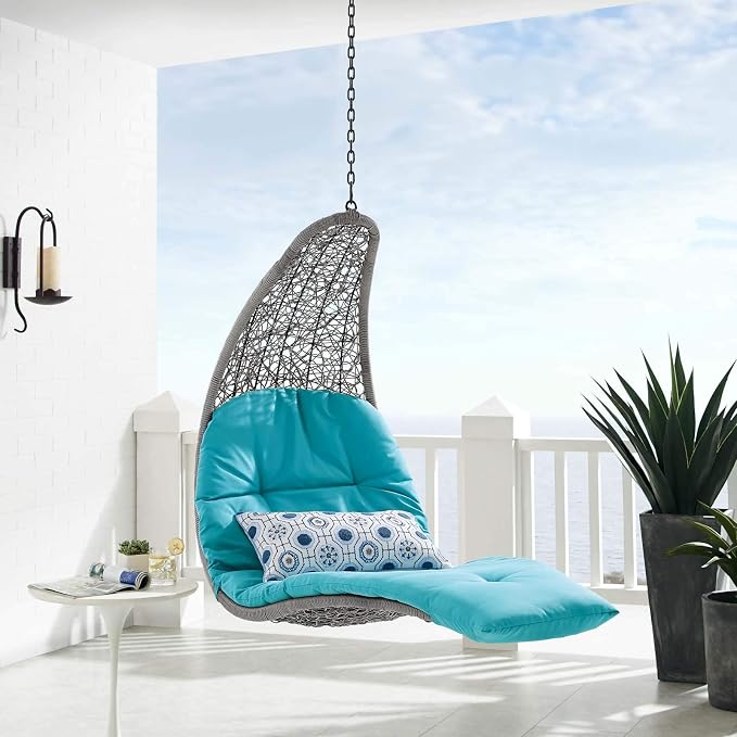 Modway Landscape Wicker Rattan Outdoor Patio Porch Chaise Lounge Hanging Swing Chair in Light Gray, Turquoise