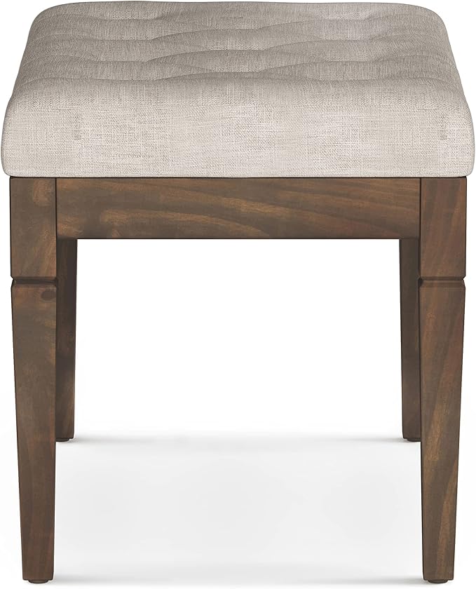 SIMPLIHOME Dahlia 18" x 46" Solid Wood Outdoor Indoor Bench in Grey | Natural linen look, traditional tufted ottoman bench with carved legs; ideal bedroom or living room footstool or footrest.