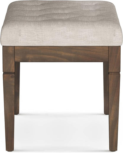 SIMPLIHOME Dahlia 18" x 46" Solid Wood Outdoor Indoor Bench in Grey | Natural linen look, traditional tufted ottoman bench with carved legs; ideal bedroom or living room footstool or footrest.