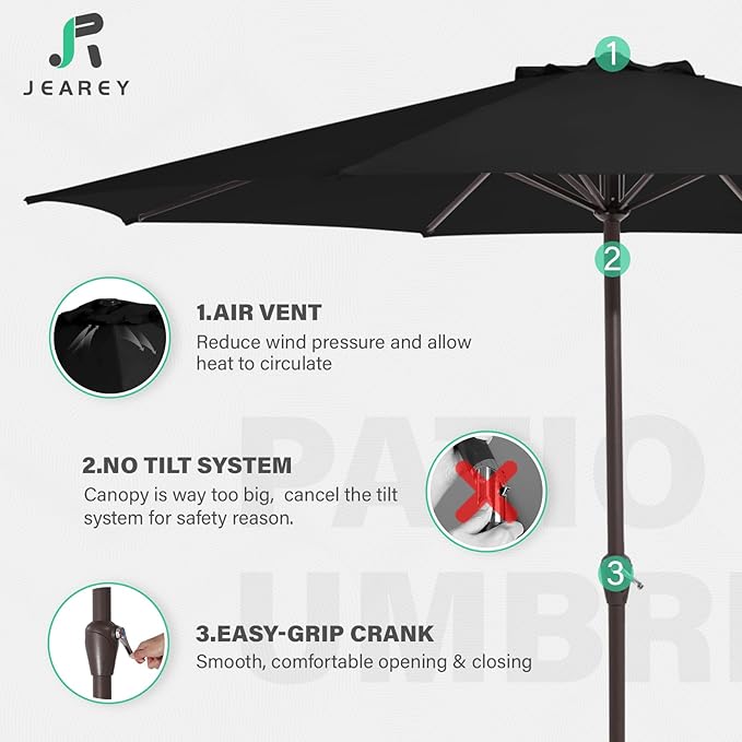 JEAREY 12' Patio Umbrellas Outdoor Table Market Umbrella w/Crank, 8 Sturdy Ribs, UV Protection Windproof for Garden, Deck, Backyard, Pool(Black)
