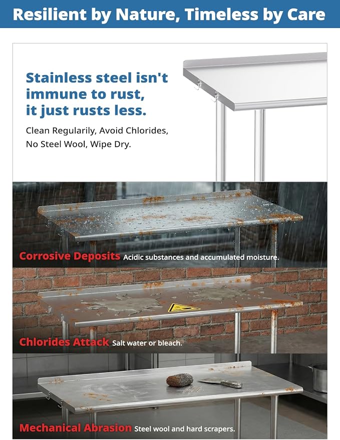 Atelicf NSF Stainless Steel Prep Table 24X60 inch, Rounded Flat Top | Commercial-grade table for restaurants, kitchens, food trucks, breweries, bars, garages, and outdoor BBQ