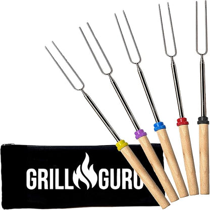 Grill Guru Smores Sticks for Fire Pit - Accessories for Campfire Marshmallow Roasting Sticks Smores Kit Outdoor-Smore Skewers Hot Dog Fork For Outside, Camping Essentials Bonfire Gear Long 32" 5 Pack