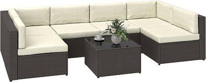 Outsunny 7 Piece Patio Furniture Set, Wicker Outdoor Sectional Sofa Set, All Weather PE Rattan Outdoor Furniture Conversation Sets with Cushions, Glass Top Coffee Table, Cream White