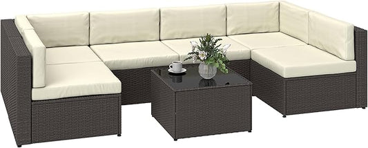 Outsunny 7 Piece Patio Furniture Set, Wicker Outdoor Sectional Sofa Set, All Weather PE Rattan Outdoor Furniture Conversation Sets with Cushions, Glass Top Coffee Table, Cream White