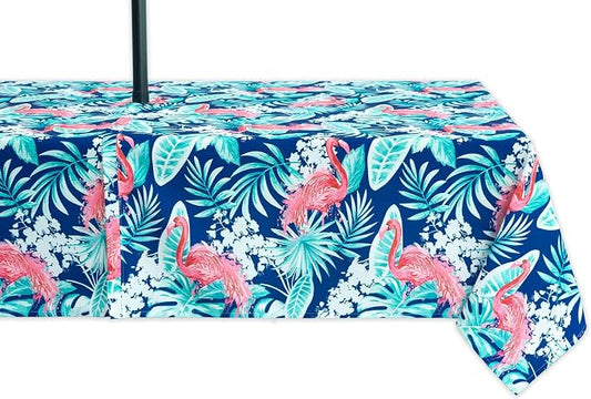 YiHomer Indoor Outdoor Tabletop for Spring Summer Decorations, Picnics and Dinner Parties - Stain and Water Resistant, Flamingo Dancing, Zipper Tablecloth, 60 x 84 Rectangle with Umbrella Hole