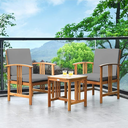 Tangkula 3 Pieces Patio Furniture Set, Includes Set of 2 Outdoor Acacia Wood Cushioned Chairs and Coffee Table, for Garden, Backyard, Poolside, Bistro and Deck, Patio Conversation Chat Set (Gray)