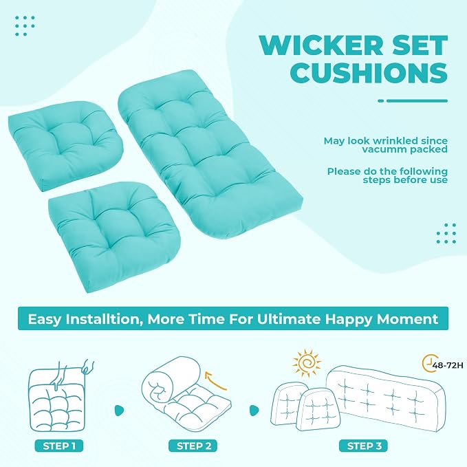 DANGHOOGY Wicker Chair Cushions, Waterproof Outdoor Loveseat Cushions for Patio Furniture, Tufted Wicker Furniture Cushions, 1 Loveseat and 2 U-Shaped Cushions, Teal