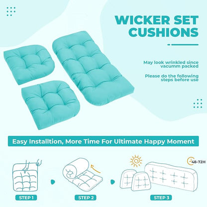 DANGHOOGY Wicker Chair Cushions, Waterproof Outdoor Loveseat Cushions for Patio Furniture, Tufted Wicker Furniture Cushions, 1 Loveseat and 2 U-Shaped Cushions, Teal