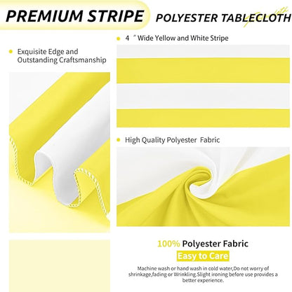 2 Pack Yellow and White Striped Rectangular Tablecloth, 84x60 inches, Polyester Fabric, Washable, For Afternoon Tea, Birthday Party, Picnic, Barbecue Gathering