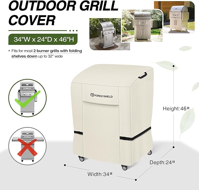 Porch Shield 34W x 24D x 46H inch Premium Gas Grill Cover Up to 32 inch, Waterproof and Fade Resistant 600D BBQ Covers for Weber, Brinkmann, Char-Broil and More, Light Tan