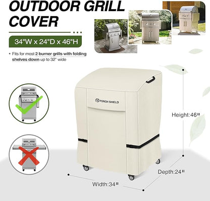 Porch Shield 34W x 24D x 46H inch Premium Gas Grill Cover Up to 32 inch, Waterproof and Fade Resistant 600D BBQ Covers for Weber, Brinkmann, Char-Broil and More, Light Tan