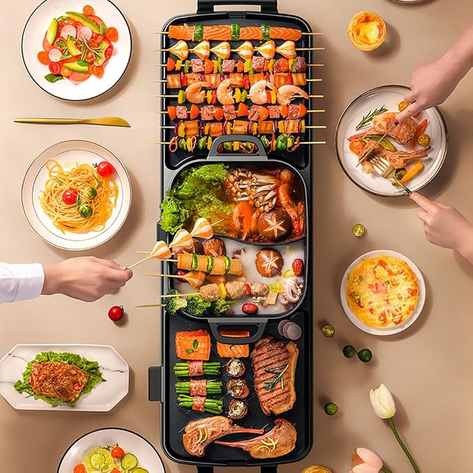 AORAN Smokeless Electric Hot Pot & Grill Combo, Large 9.5"x29" Non-Stick Design, 3 Adjustable Heat Levels, Easy to Clean，Includes Brushes, Tongs & Paper