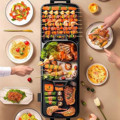 AORAN Smokeless Electric Hot Pot & Grill Combo, Large 9.5"x29" Non-Stick Design, 3 Adjustable Heat Levels, Easy to Clean，Includes Brushes, Tongs & Paper