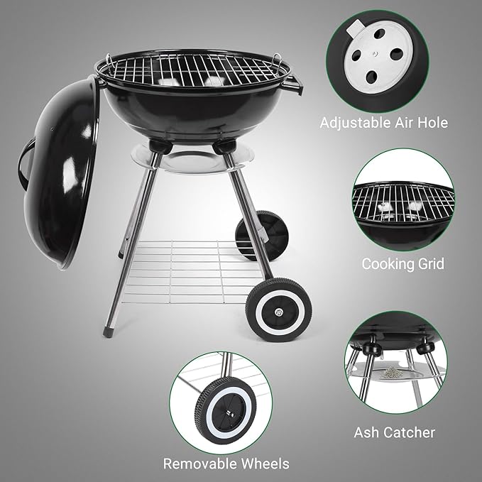 Outvita Charcoal Grill, 18 inch Stainless Steel BBQ Charcoal with Wheels and Storage Holder for Camping, Picnic, Barbecue, Party, Outdoor Activities