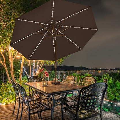 EliteShade USA 10-Year-Non-Fading 9ft Market Patio Umbrella, Commercial Grade Table Sun Umbrella with 80 Solar LED Lights, Crank Open, Windproof & UPF 50+ UV Protection for Garden, Deck, Pool, Backyard, Chestnut
