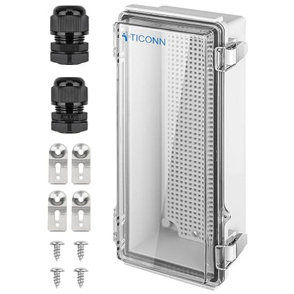 TICONN Outdoor Electrical Box Waterproof, Junction Box IP67 ABS Plastic Enclosure with Hinged Cover with Mounting Plate, Wall Brackets, Cable Glands (Clear, 10.2"x4.3"x3.0")