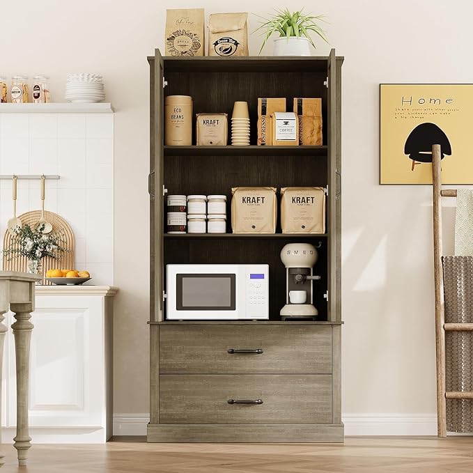 GarveeHome Kitchen Pantry Cabinet, Farmhouse Storage Cabinet with Barn Doors, Drawers and Adjustable Shelves, Versatile Storage for Kitchen, Dining Room, Grey