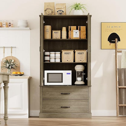 GarveeHome Kitchen Pantry Cabinet, Farmhouse Storage Cabinet with Barn Doors, Drawers and Adjustable Shelves, Versatile Storage for Kitchen, Dining Room, Grey