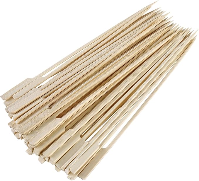 Gmark 100 Count Bamboo Paddle Skewers, 10 Inch Natural Flat Wooden BBQ Picks, Biodegradable Kabob Sticks for Grilling, Appetizers, Fruit, Meat & Shish Kebabs GM1074