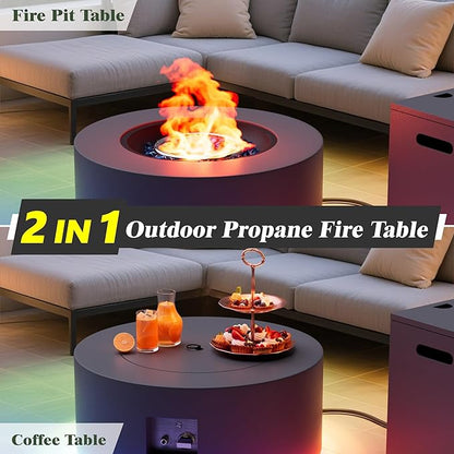 2-Piece Outdoor Propane Fire Pit Table Set w Tank Side Table 30'' Round Fire Pit Table 2-in-1 Firepit Table for Outside Patio Gas Fire Pit w 304 Stainless Steel Burner 50,000 BTU, Dark Gray w RGB LED